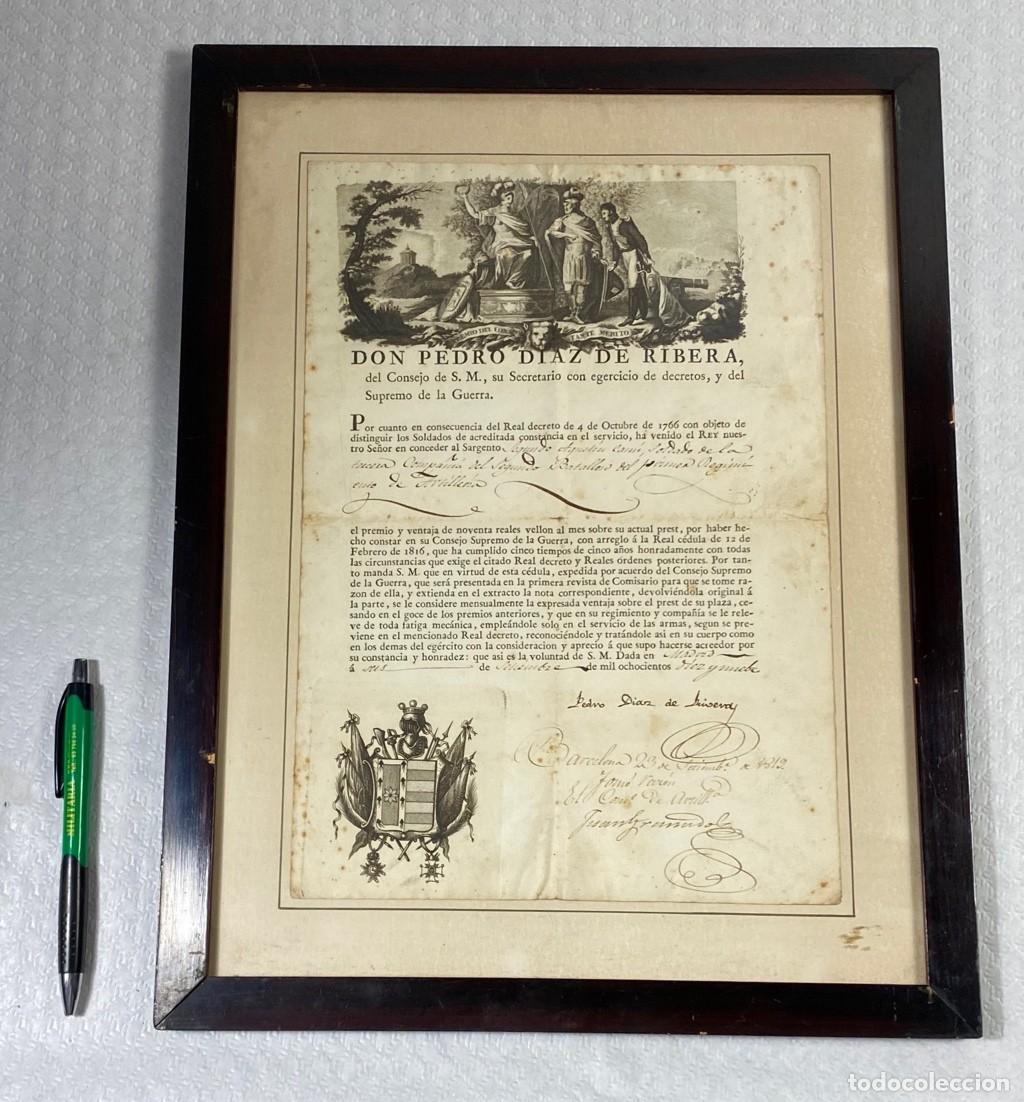 Militaria: Documento de concesi&oacute;n premio de noventa reales de vell&oacute;n al mes por 25 a&ntilde;os de servicio 1819