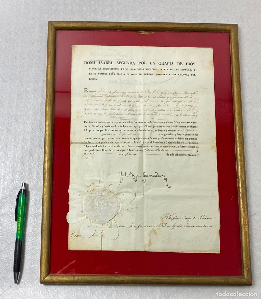 Militaria: Documento con firma aut&oacute;grafa de la Reina Isabel Segunda 1837 ESPARTERO