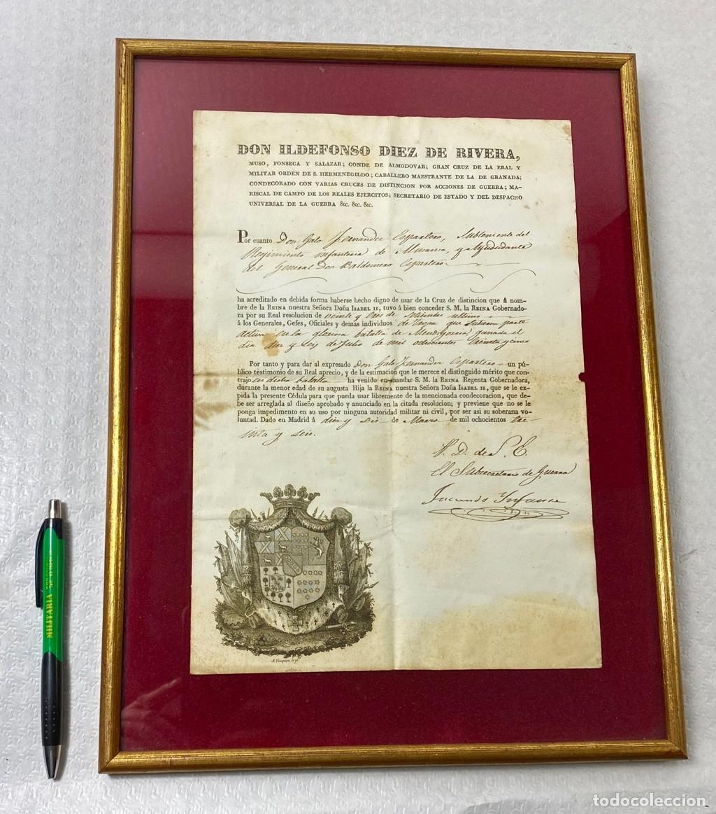 Militaria: Documento con firma aut&oacute;grafa de Ildefonso Diez de Rivera 1836 ESPARTERO