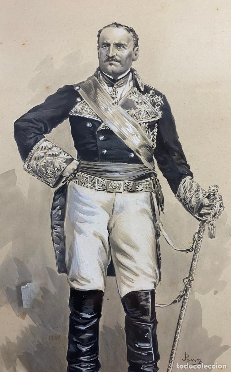Militaria: Antiguo grabado del General Baldomero Espartero firmado por Passos en marco acristalado