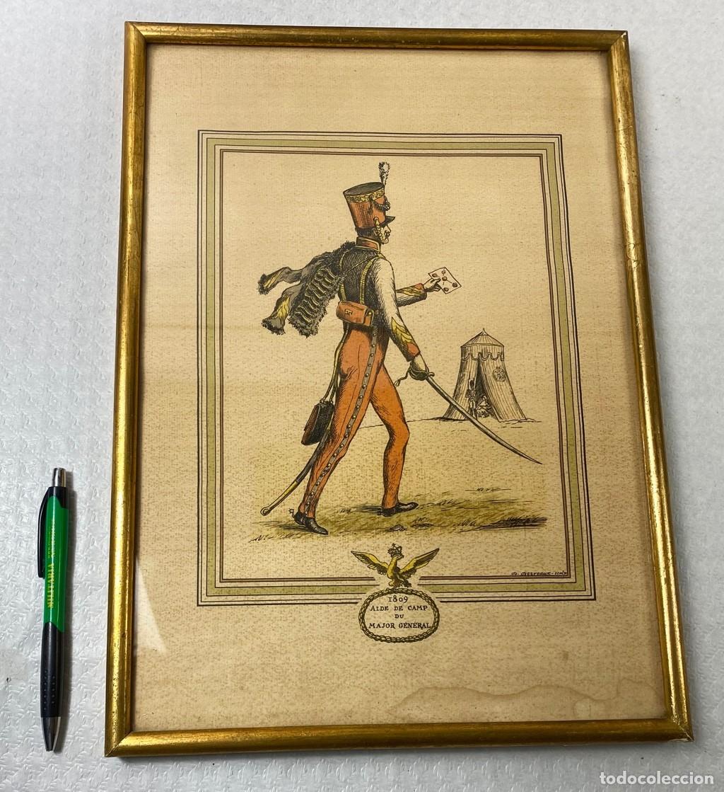 Militaria: Antiguo grabado Soldado Franc&eacute;s 1er Imperio Napole&oacute;n 1809 Aide de Camp du Major G&eacute;n&eacute;ral en marco acr