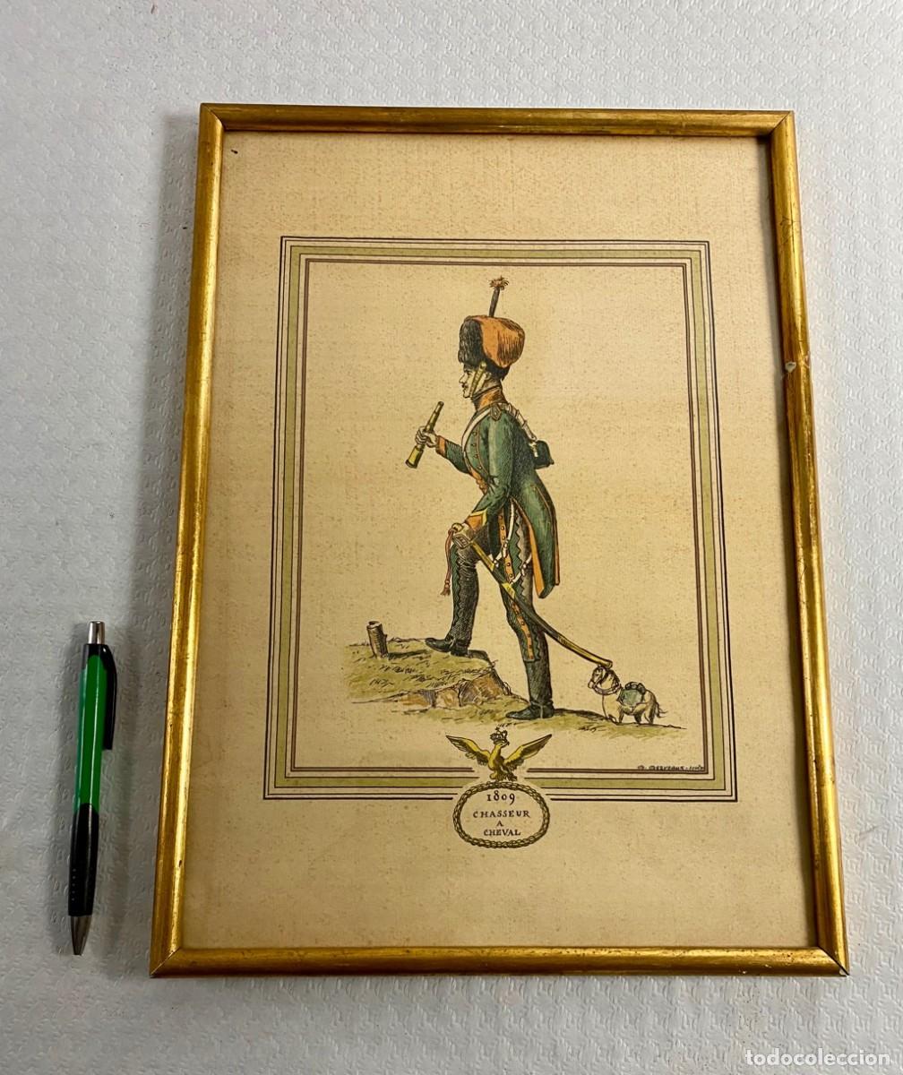 Militaria: Antiguo grabado Soldado Franc&eacute;s 1er Imperio Napole&oacute;n 1809 Chasseur a Cheval en marco acristalado
