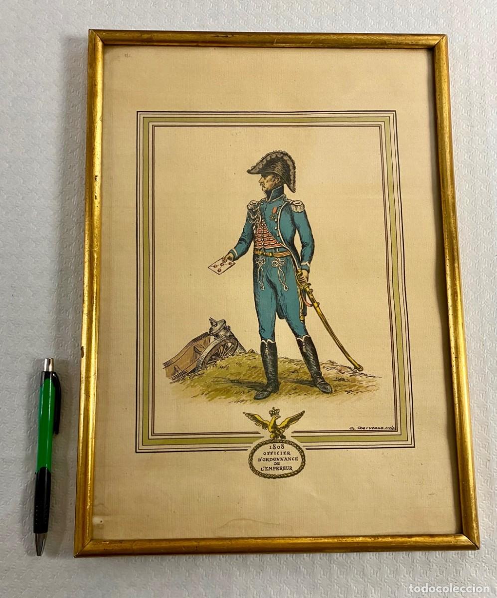 Militaria: Antiguo grabado Soldado Franc&eacute;s 1er Imperio Napole&oacute;n 1809 Officier d'Ordonnance de l'Empereur en mar