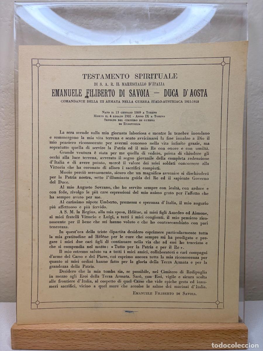 Militaria: Emanuele Filiberto, Duque de Aosta &ndash; Testamento Espiritual 1931