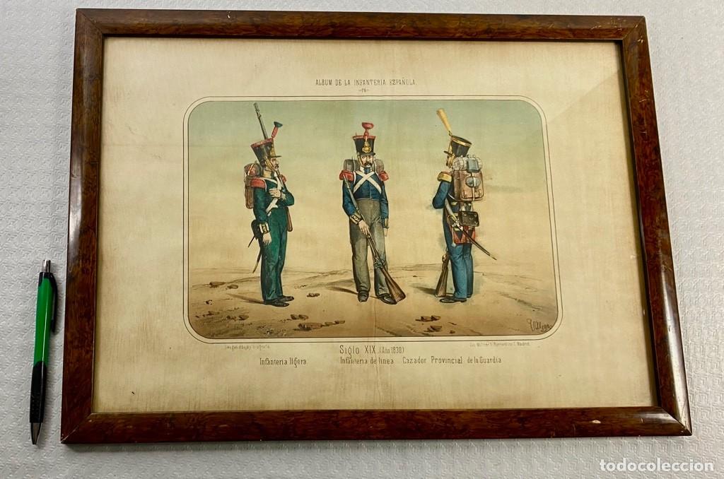 Militaria: Litograf&iacute;a antigua del Siglo XIX ALBUM DE LA INFANTER&Iacute;A ESPA&Ntilde;OLA SIGLO XIX A&Ntilde;O 1830 en marco acrista
