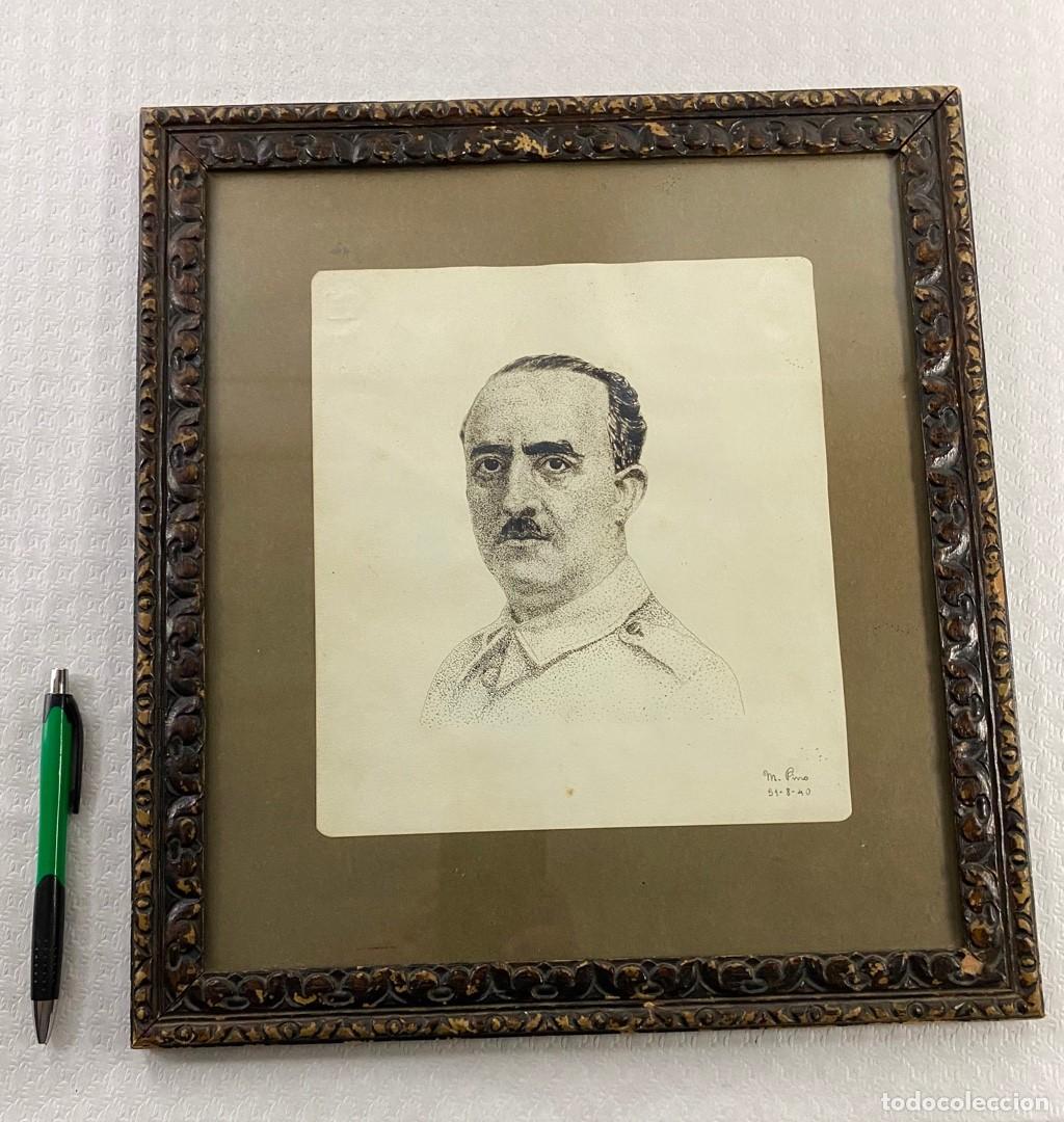 Militaria: Dibujo a tinta original de Francisco Franco en marco acristalado firmado por Montserrat Pino Mestres
