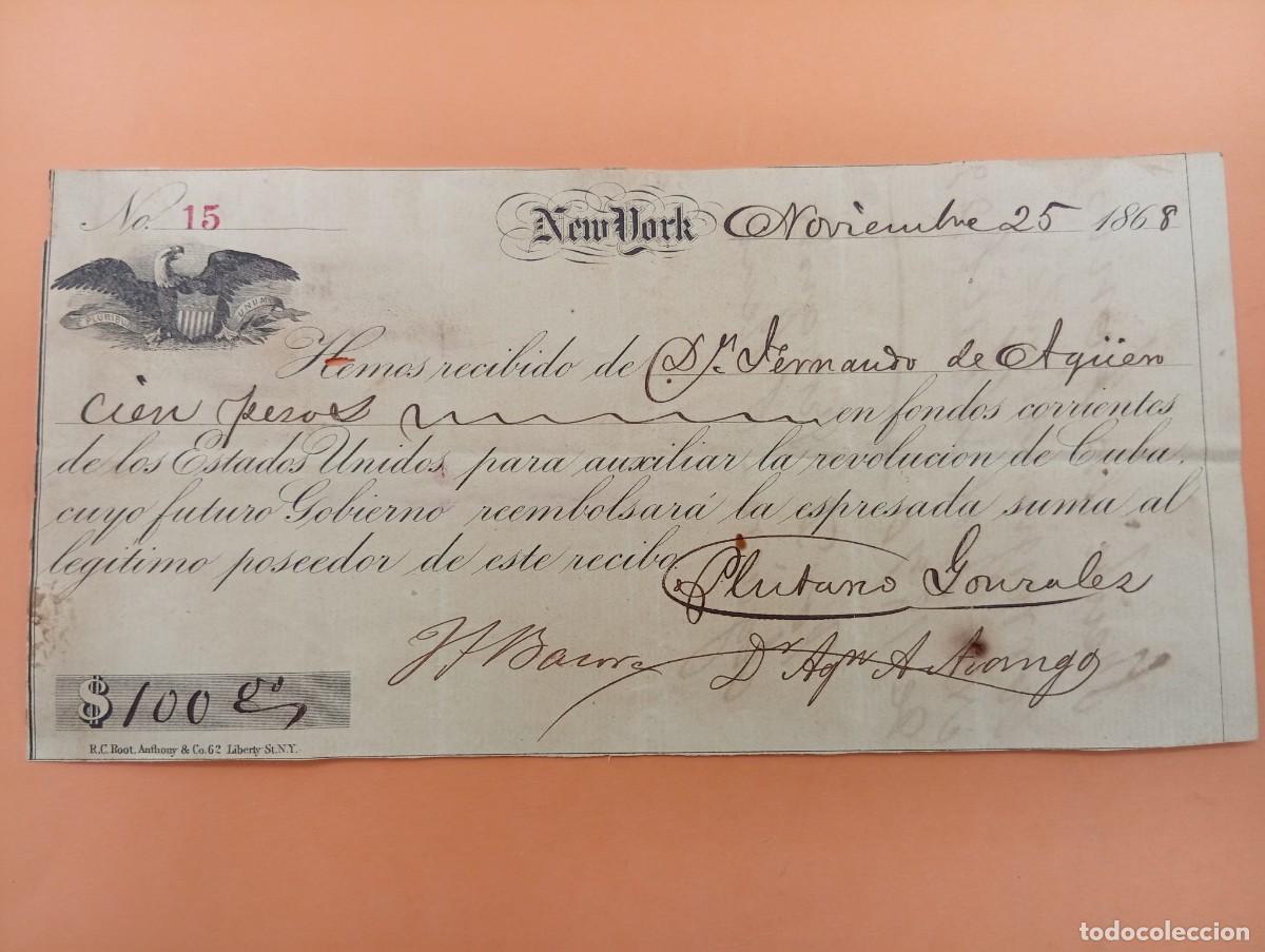 Militaria: NEW YORK. 1868. RECIBO PARA LA REVOLUCI&Oacute;N DE CUBA. VER FOTOS.