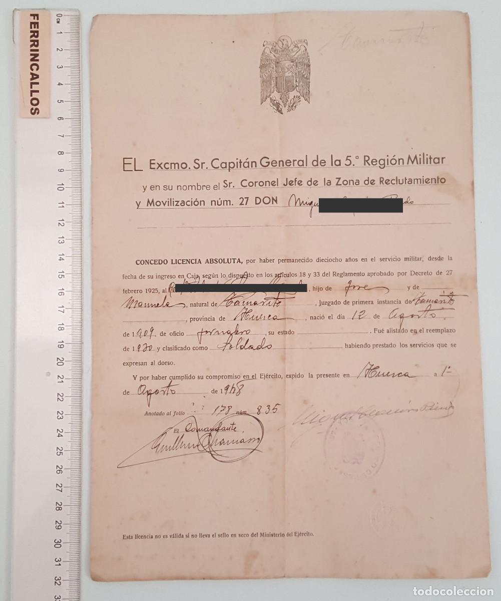 Militaria: LICENCIA ABSOLUTA SERVICIO MILITAR, 5&ordf; REGI&Oacute;N MILITAR, HUESCA &iquest;1948?