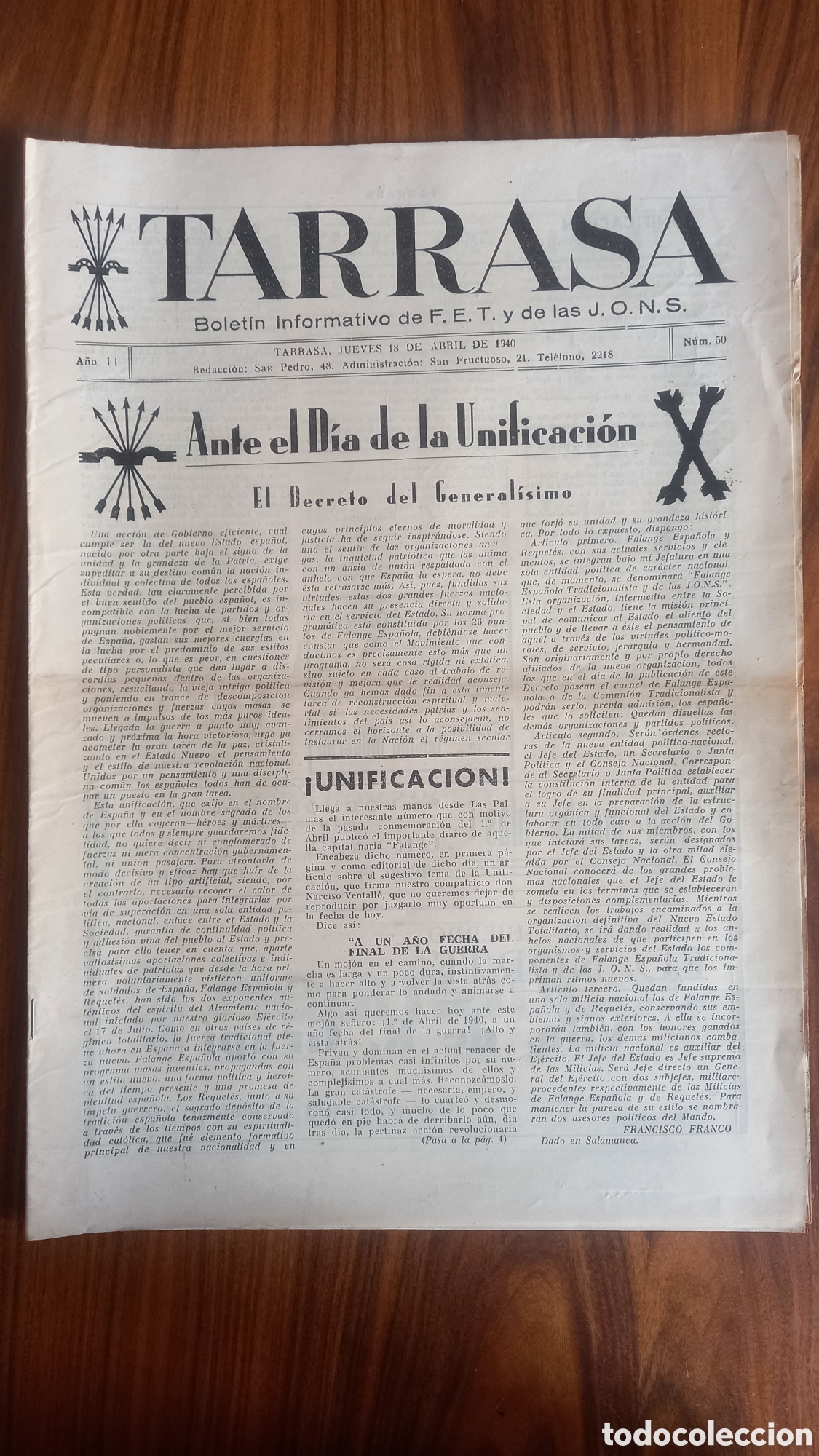 Militaria: TARRASA. Boletin Informativo FET y JONS. Falange. Guerra Civil. A&ntilde;o 1940