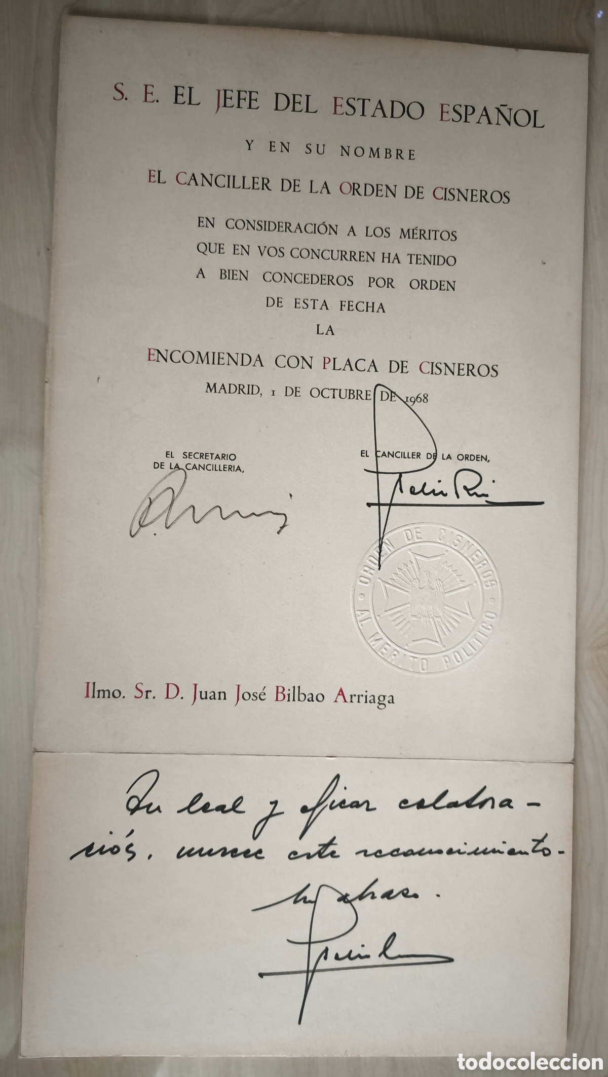 Militaria: Concesi&oacute;n de Encomienda de la Orden de Cisneros. Nota al margen del Canciller de la Orden