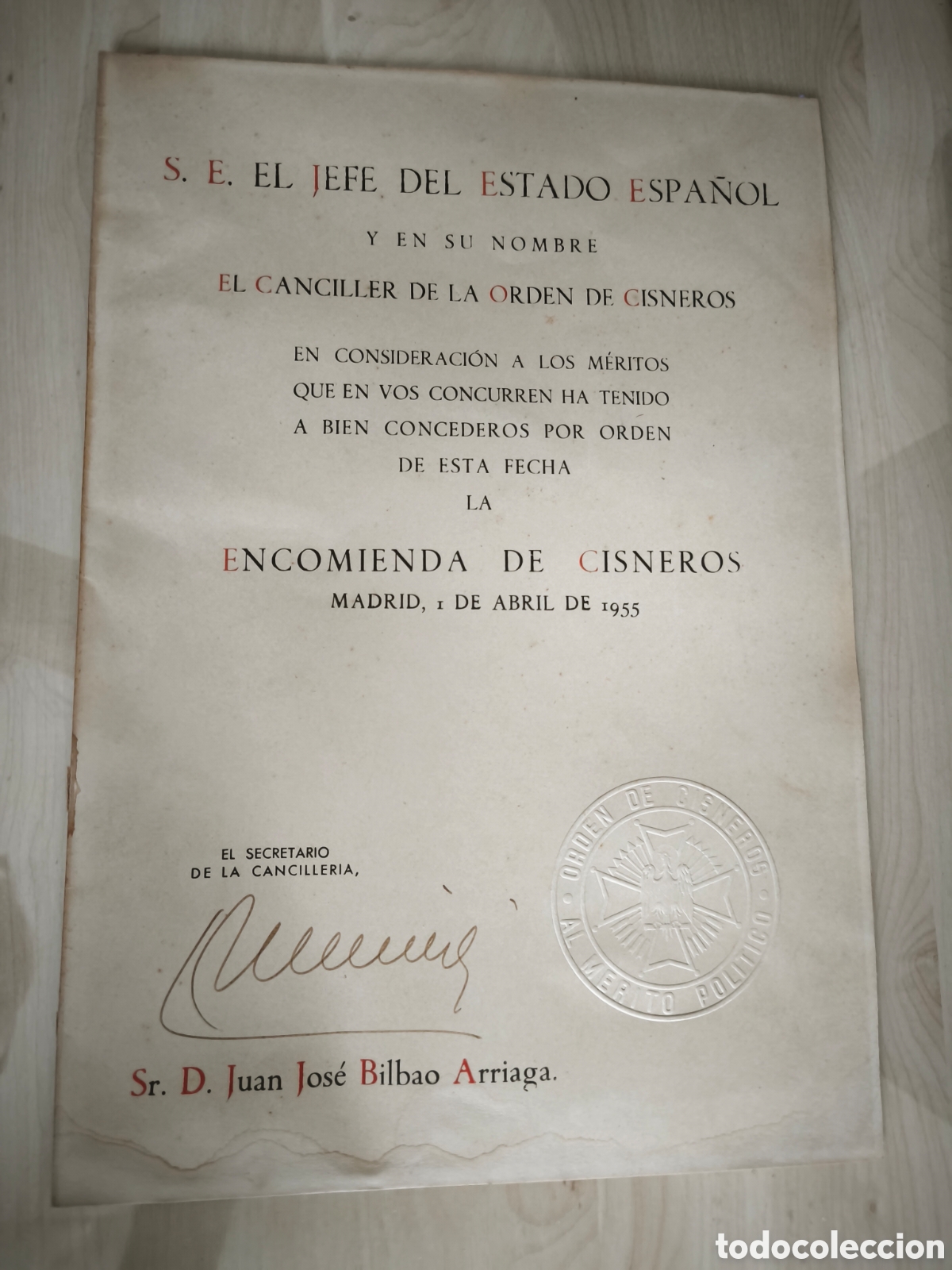 Militaria: Concesi&oacute;n de Encomienda de la Orden de Cisneros. Al m&eacute;rito politico 1955
