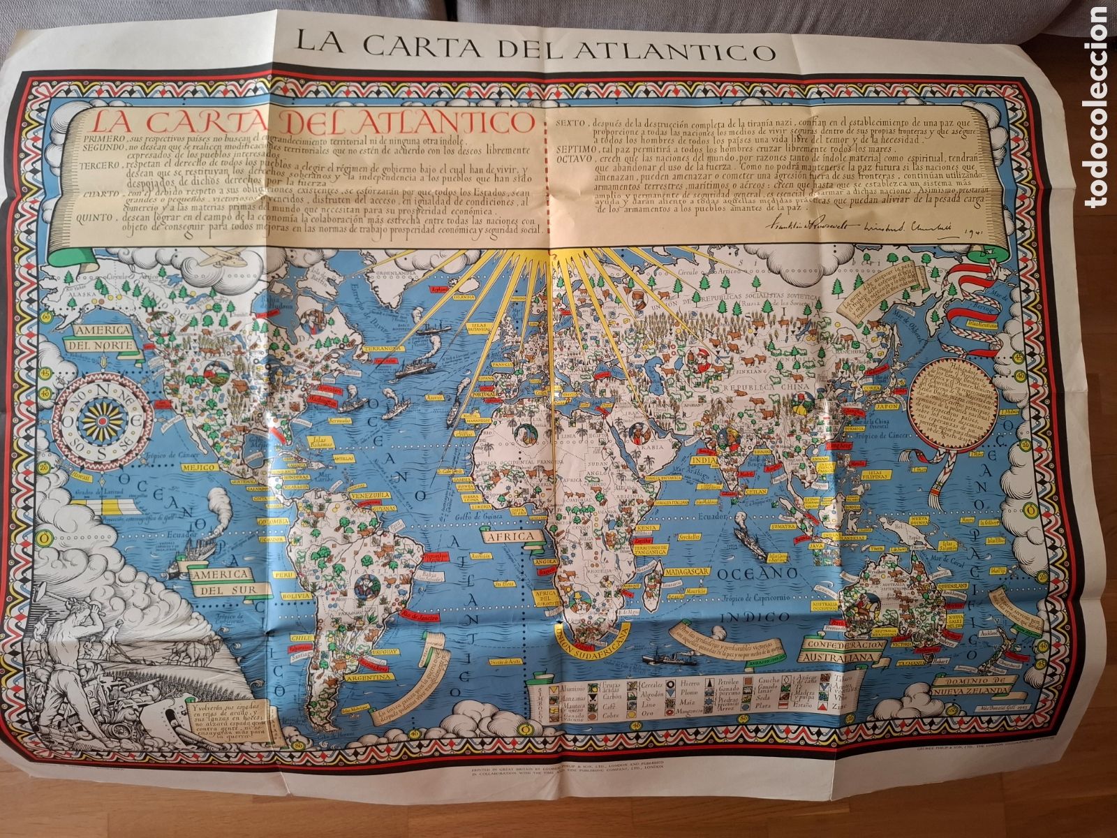 Militaria: LA CARTA DEL ATL&Aacute;NTICO MACDONALD GILL 1943. THE LONDON GEOGRAPHICAL INSTITUTE. II GUERRA MUNDIAL
