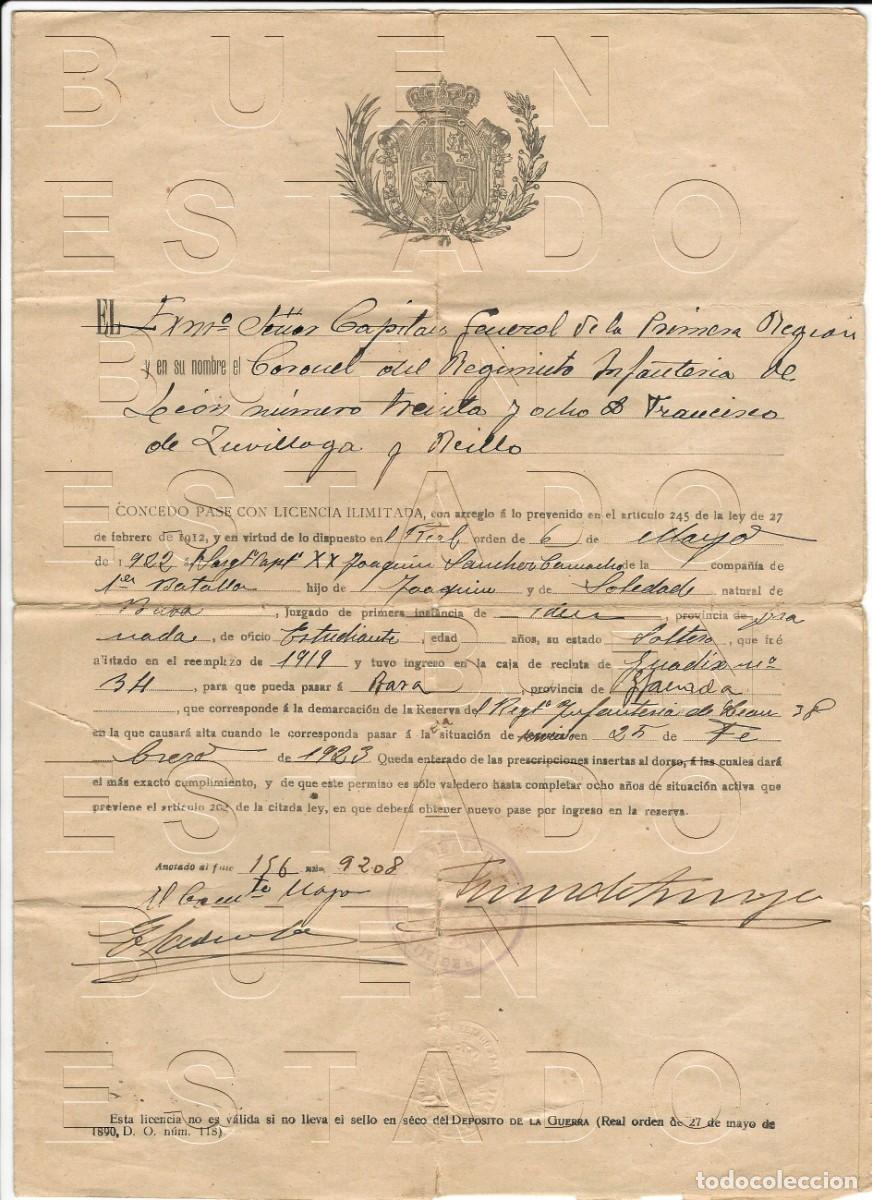 Militaria: REGIMIENTO INFANTERIA LEON 38 LICENCIA 1923 BAZA GRANADA JOAQUIN SANCHEZ CAMACHO M32