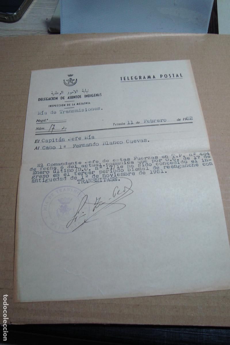 Militaria: TELEGRAMA POSTAL DELEGACION ASUNTOS INDIGENAS INSPECCION MEJASNIA TETUAN 1952. MIA TRASMISIONES