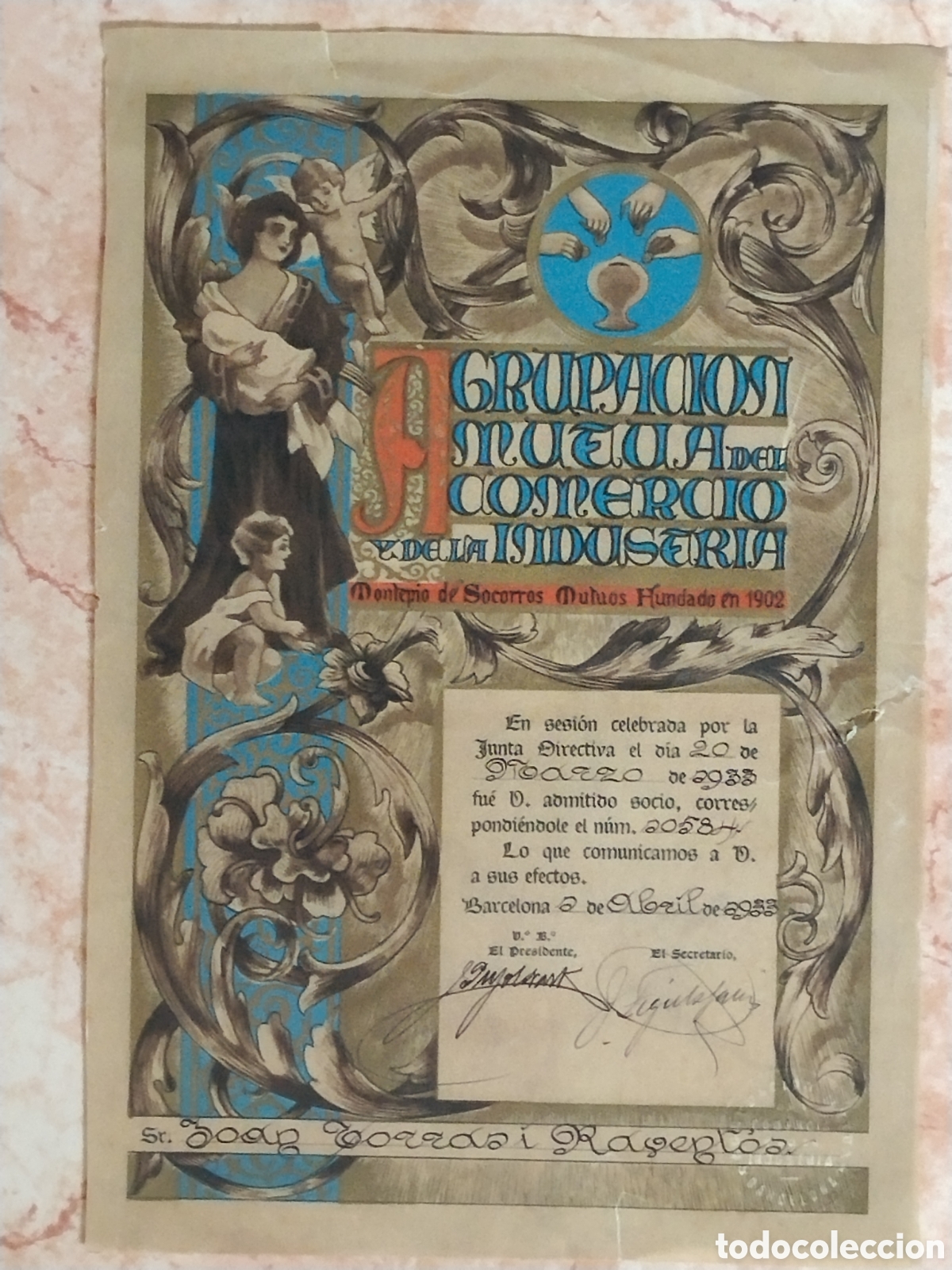 Militaria: Diploma estilo modernista agrupaci&oacute;n mutua del comercio y la industria.1932.republicano.pre guerra c
