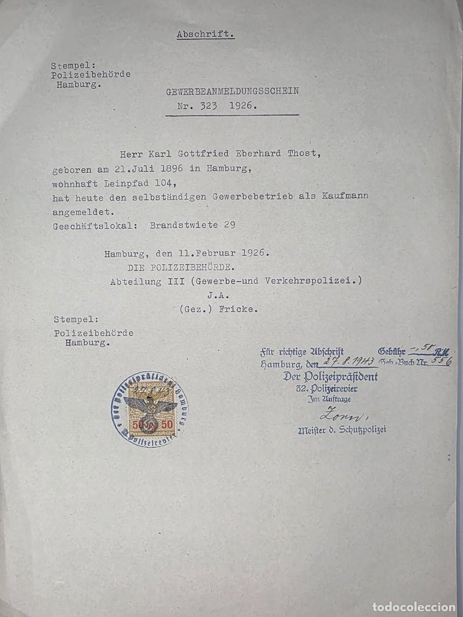 Militaria: Eberhard Thost &ndash; documento Hamburgo 1926 certificado Polic&iacute;a 1943 &ndash; Bauhaus IIWW III REICH