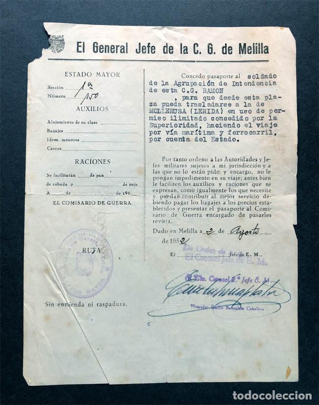 Militaria: CAPITAN&Iacute;A GENERAL DE MELILLA 1952 / PASAPORTE SOLDADO PARA VIAJAR A MOLLERUSA ( LLEIDA )