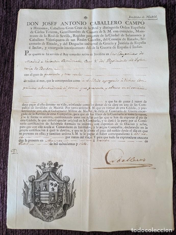 Militaria: Licencia de Invalidez Madrid a Valentin Bordonabe, Firma Caballero. 1807