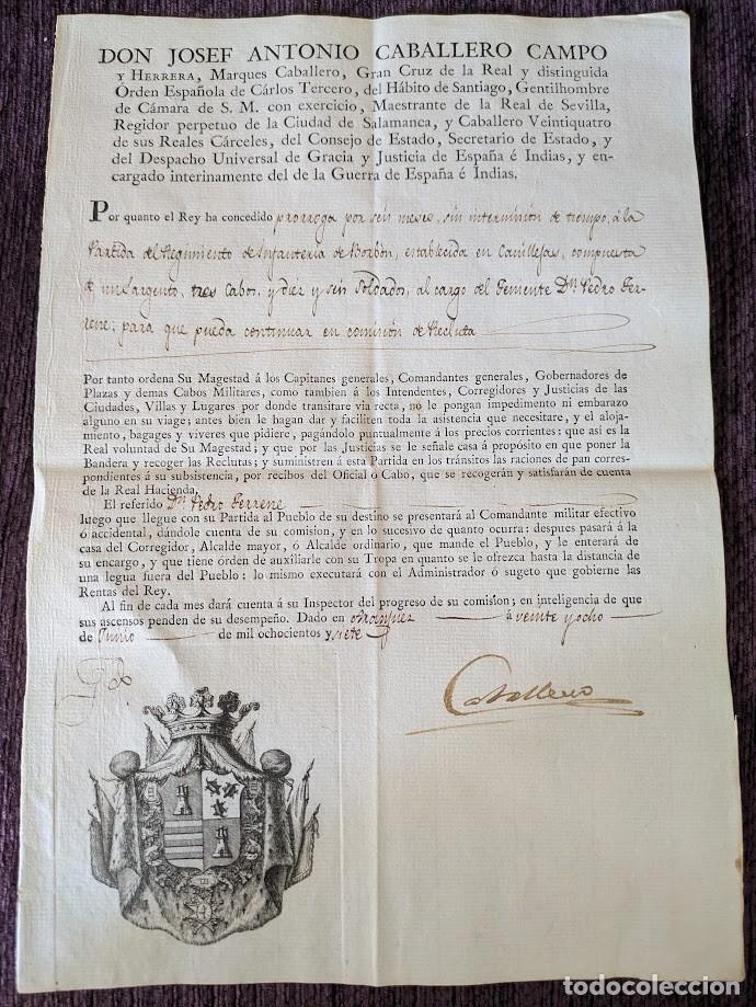 Militaria: Permiso de Porroga a D. Pedro Ferrene. Firma Caballero 1807