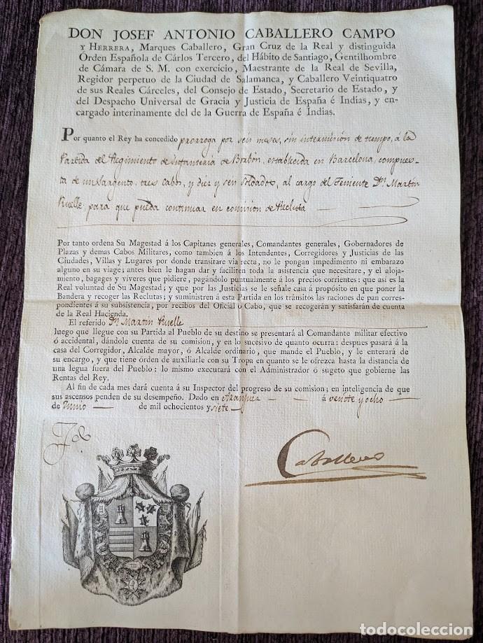 Militaria: Permiso de Porroga a D. Martin Ruelle. Firma Caballero 1807