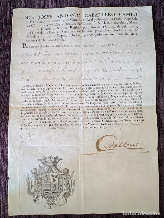 Militaria: Documento de permiso para su salud a D. Eugenio de Villasana 1806