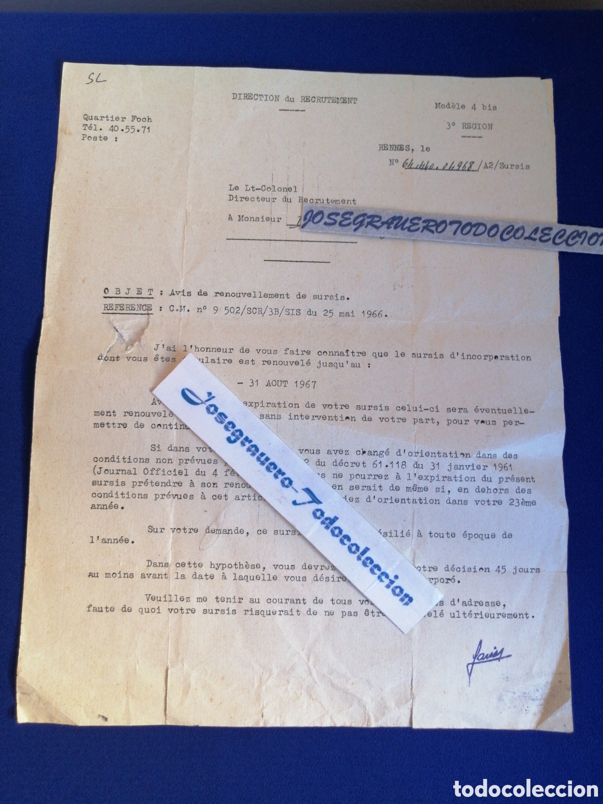 Militaria: CARTA OFICIAL FRANCESA DE APLAZAMIENTO DEL SERVICIO MILITAR A&Ntilde;O 1966 SELLO EJ&Eacute;RCITO DOCUMENTO
