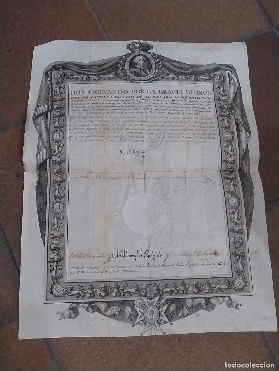 Militaria: NOMBRAMIENTO DE CABALLERO SUPERNUMERARIO DE LA REAL ORDEN DE CARLOS III, POR FERNANDO VII 1825