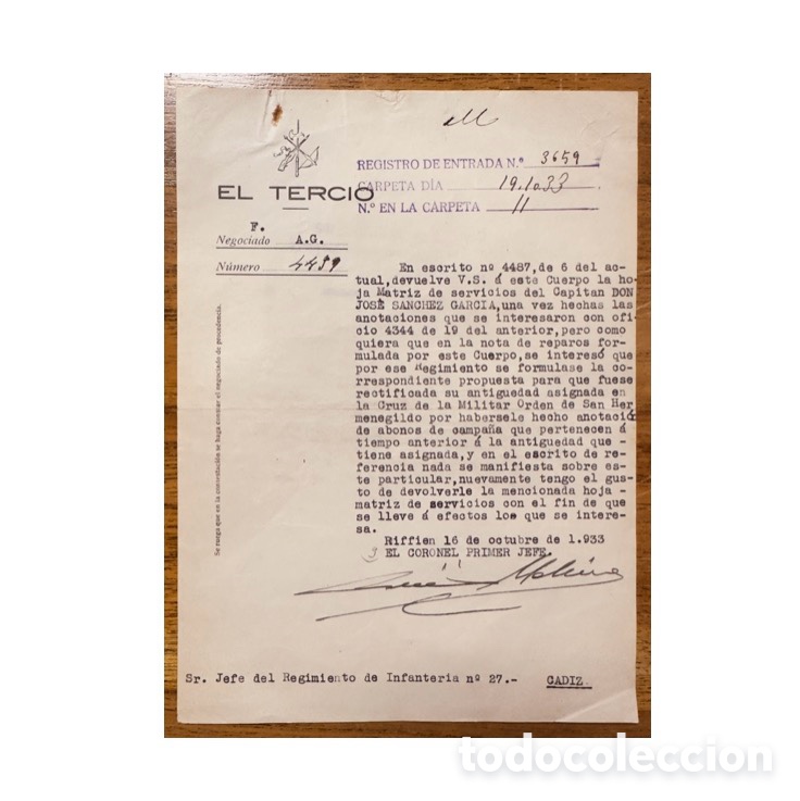 Militaria: Riffien, 1933, Legi&oacute;n, firma del Coronel 1er Jefe del Tercio, Luis Molina Galano.