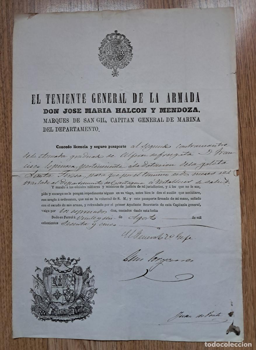Militaria: Ferrol (La Coru&ntilde;a) 1865. Marina. Pasaporte Contramaestre Alf&eacute;rez de Fragata viajar a Cartagena.
