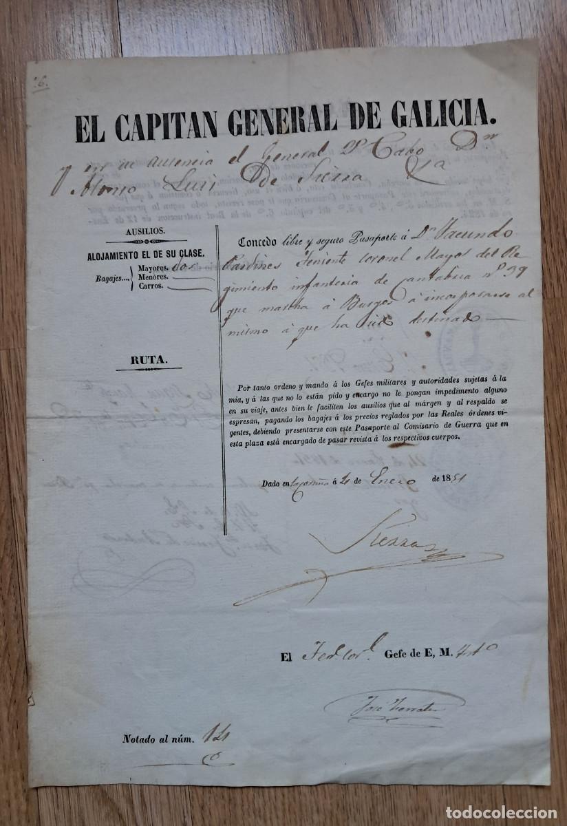 Militaria: La Coru&ntilde;a 1851. Pasaporte al desterrrado Teniente Coronel Mayor Regimiento d Infanter&iacute;a de Cantabria