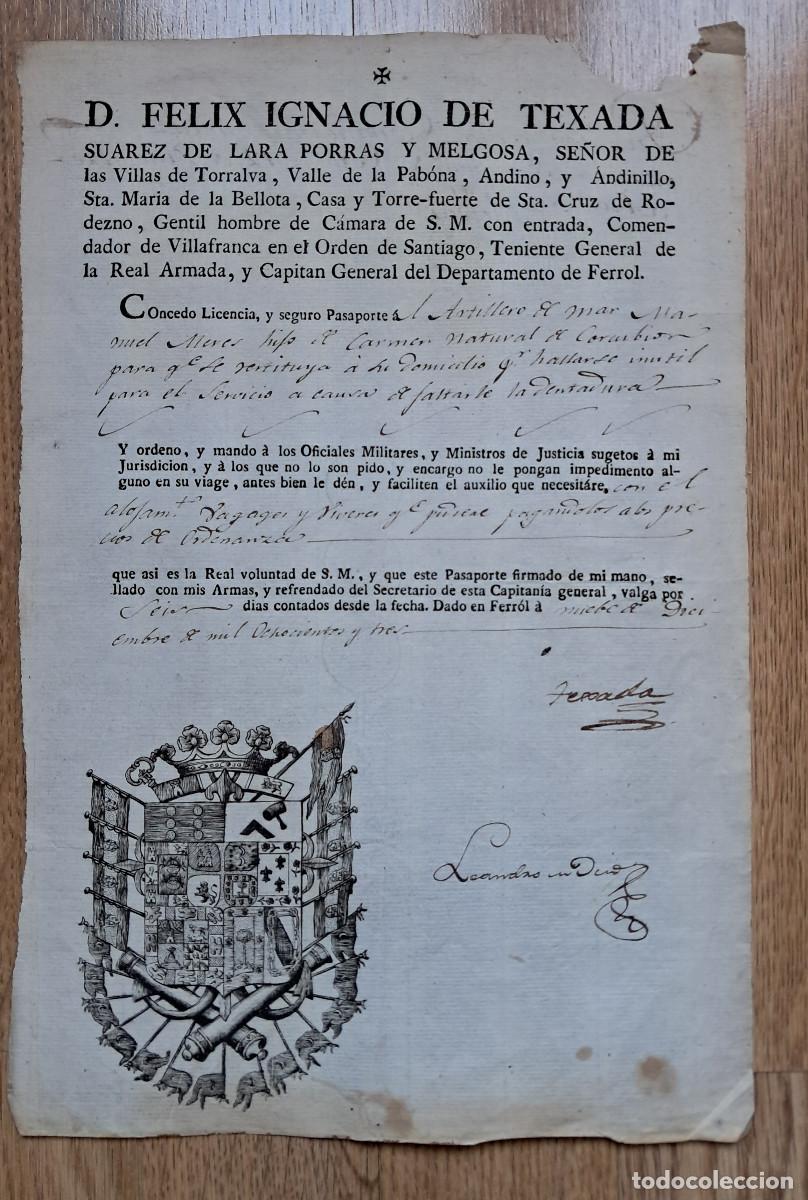 Militaria: Ferrol 1803 Marina Pasaporte a Artillero de Mar para viajar a Corcubi&oacute;n por hallarse inutil servicio
