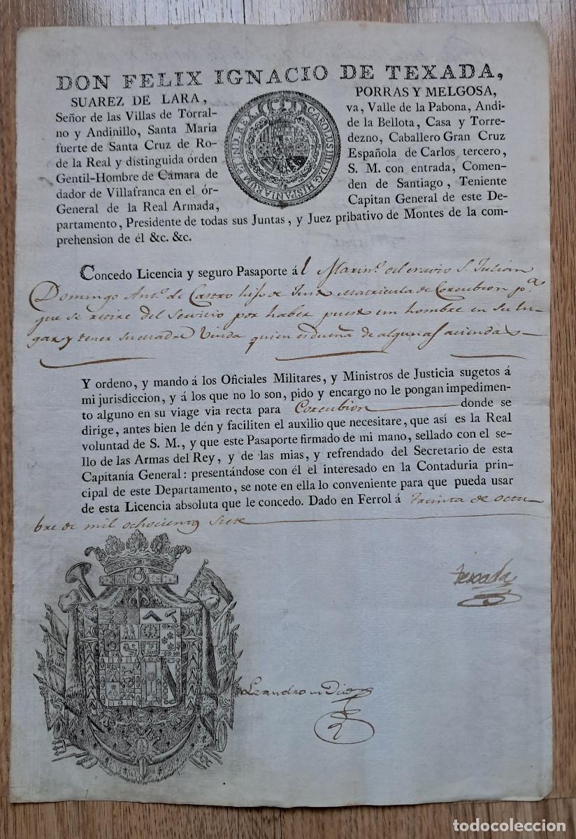 Militaria: Ferrol 1807. nMarina. Pasaporte a marino del nav&iacute;o San Juli&aacute;n para viajar a Corcubi&oacute;n.