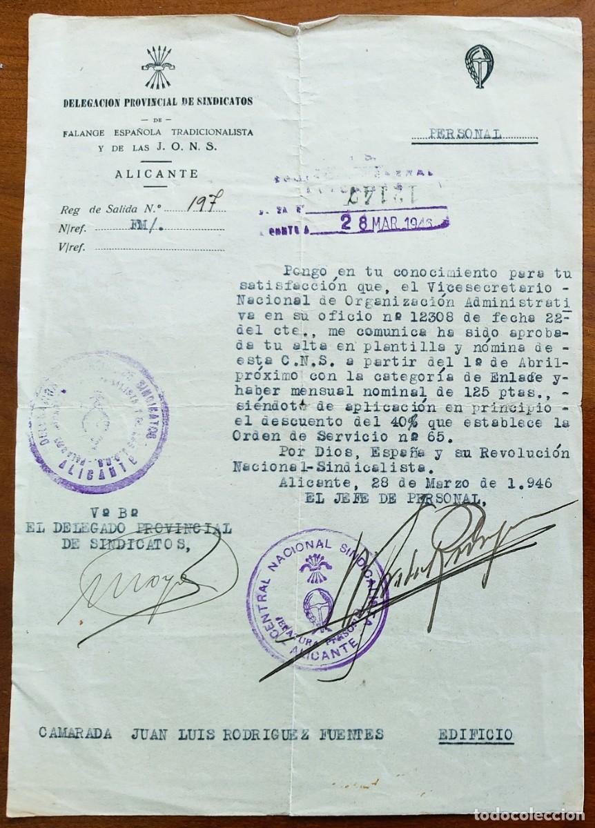 Militaria: ALICANTE A&Ntilde;O 1946 - DELEGACI&Oacute;N PROVINCIAL SINDICATOS - NOMBRAMIENTO ENLACE CENTRO NACIONAL SINDICAL