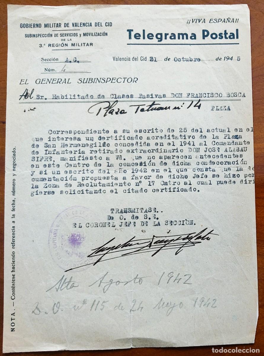 Militaria: VALENCIA A&Ntilde;O 1945 - TELEGRAMA POSTAL GOBIERNO MILITAR DE VALENCIA DEL CID 3&ordf; REGI&Oacute;N