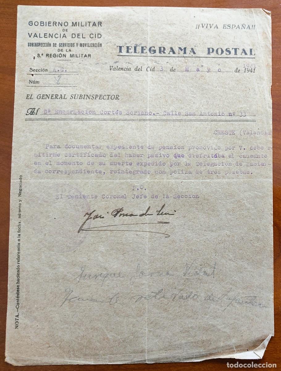 Militaria: VALENCIA A&Ntilde;O 1941 - TELEGRAMA POSTAL GOBIERNO MILITAR DE VALENCIA DEL CID 3&ordf; REGI&Oacute;N