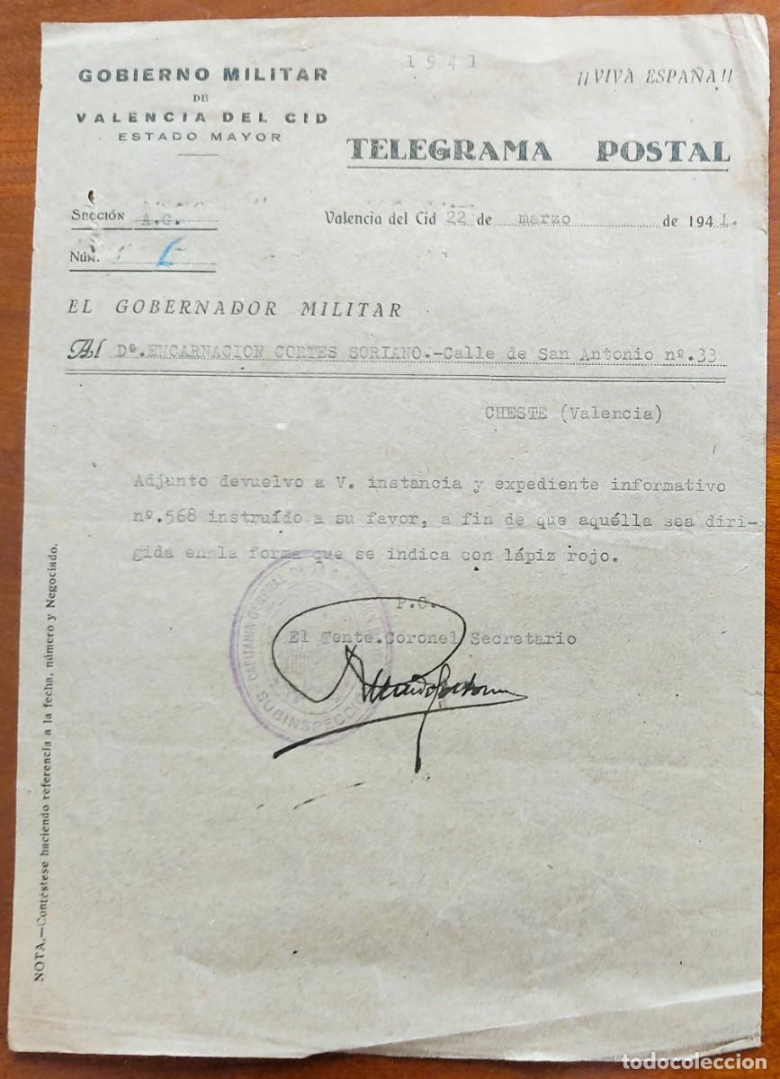 Militaria: VALENCIA A&Ntilde;O 1941 - TELEGRAMA POSTAL GOBIERNO MILITAR DE VALENCIA DEL CID 3&ordf; REGI&Oacute;N