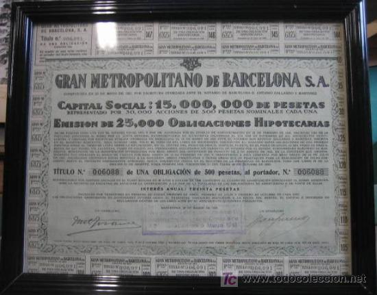 Militaria: Cuadro de 33 x 28 cms Obligaci&oacute;n de 500 pts del metro, 1941