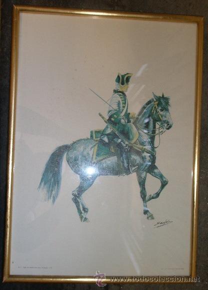 Militaria: Cuadro de 52x37 cms, l&aacute;mina Rto. de caballer&iacute;a de l&iacute;nia, Alcantara, 1775