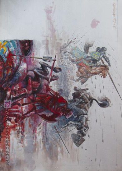 Military Antiques: ACUARELA SOBRE CARTON, 50x35. BATALLA. JUSTO JIMENO