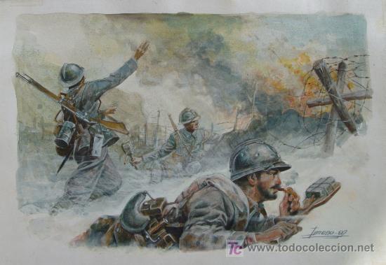 Military Antiques: acuarela y tempera sobre cart&oacute;n 40x27 original de JUSTO JIMENO