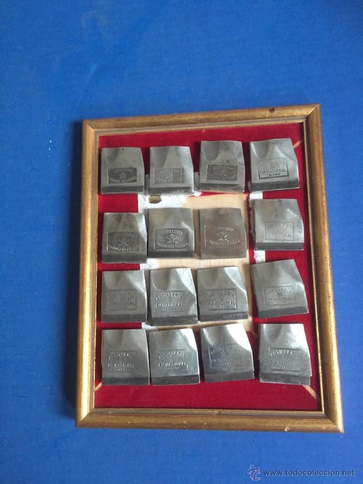 Military Antiques: CUADRO ANTIGUO DE16 SELLOS DE ARTILLERIA NUMERADOS ACERO AL CARBONO PULIDOS AL ESPEJO