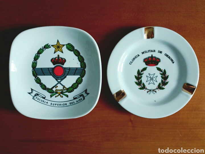Militaria: 2 ceniceros militares Escuela Superior del Aire y Cl&iacute;nica Militar de Gerona - Ej&eacute;rcito