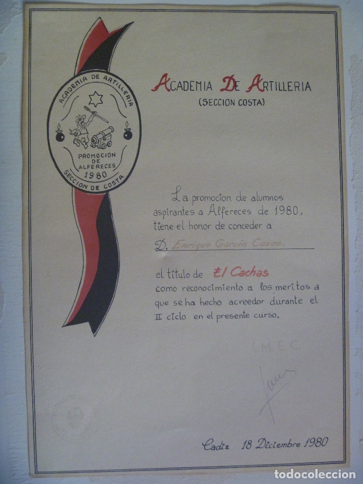 Military Antiques: DIPLOMA DE LA ACADEMIA DE ARTILLERIA - SECCION DE COSTA, PROMOCION ALFERECES. CADIZ, 1980.