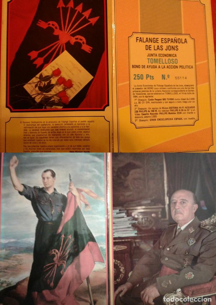 Military Antiques: DIPTICO FCO.FRANCO Y JOSE ANTONIO,PARTIC.LOTERIA TOMELLOSO,1984. FALANGE,IMAGEN ANVERSO Y REVERSO.