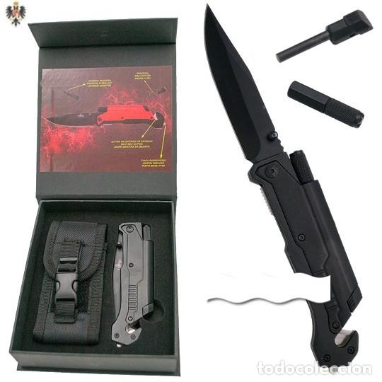Military Antiques: NAVAJA RESCATE + LINTERNA + PEDERNAL + FUNDA + ROMPEVIDRIO. 21,5 CMS