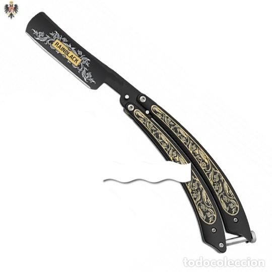 Military Antiques: NAVAJA AFEITAR ABANICO BARBERO HOJA GRABADA + FUNDA. 25 CMS