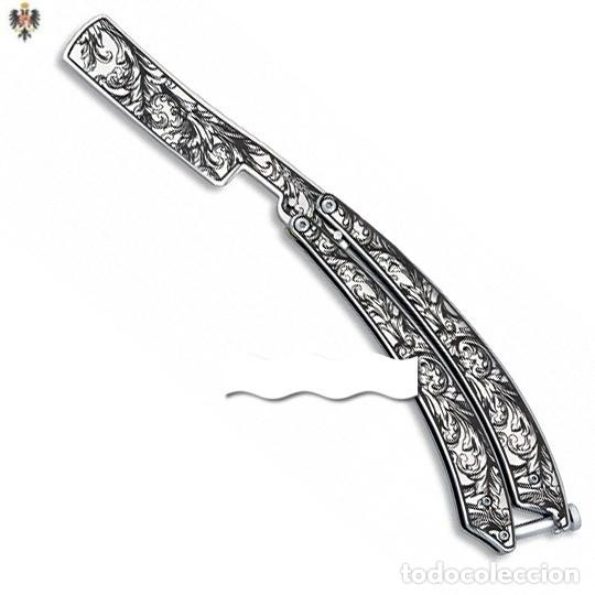 Military Antiques: NAVAJA AFEITAR ABANICO BARBERO HOJA GRABADA. 25 CMS