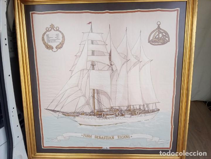 Military Antiques: Pa&ntilde;uelo de seda enmarcado del buque Juan Sebasti&aacute;n Elcano