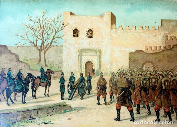 Militaria: L&aacute;mina Cuadro Entrada en Tetu&aacute;n de las primeras tropas espa&ntilde;olas. Guerra de &Aacute;frica. Pintor: Alaminos