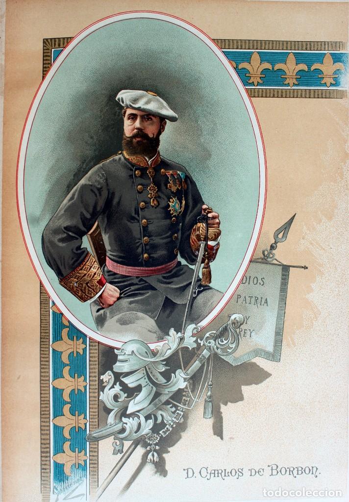 Militaria: L&aacute;mina Cuadro D. Carlos de Borb&oacute;n. Guerra Carlista. Pintor: Alaminos. 1895. Espa&ntilde;a